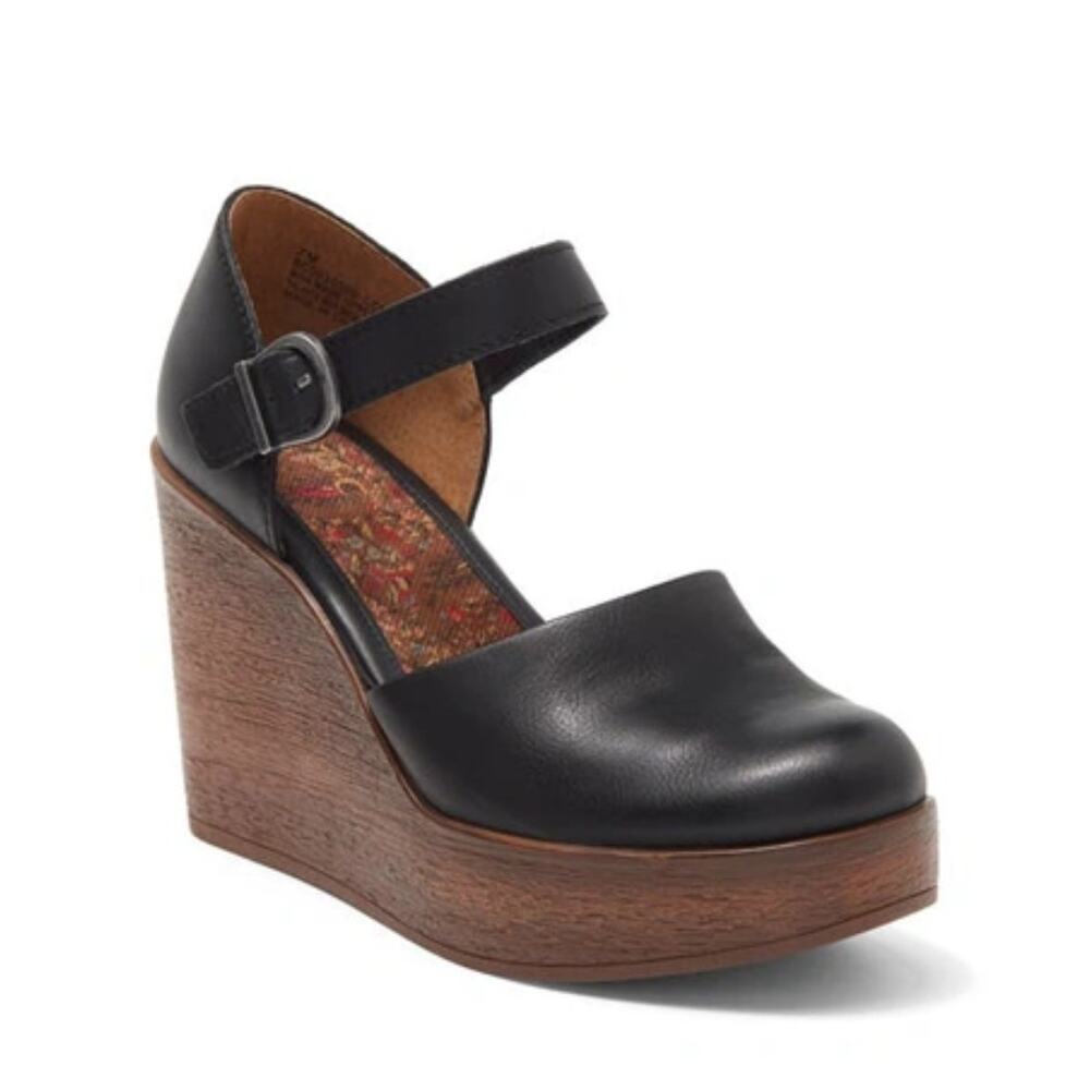 Born BOC Alyson Wedge Pump Black Ankle Strap Platform Chunky Womens Size 10M